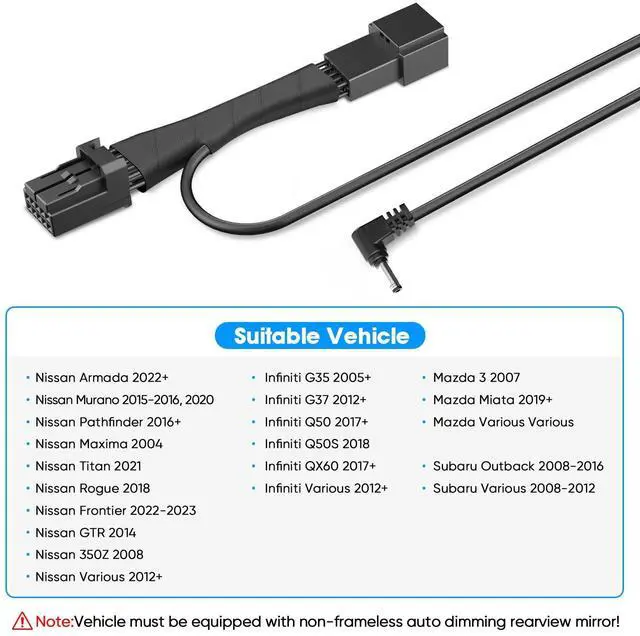 Alt view image 2 of 5 - Radar Detector Power Adapter DC3.5 Plug (10P Type A) for Select Infiniti, Subaru, Toyota Nissan, Frontier, Titan, Altima and More Connects to Auto-Dimming Rearview Mirror,Clean and Easy to Install