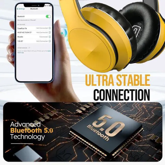 Alt view image 4 of 5 - OYEALEX Active Noise Cancelling Headphones, Wireless Over Ear Bluetooth Headphones with Microphone Foldable Headphone with HiFi Audio Deep Bass for Home Travel Office Yellow