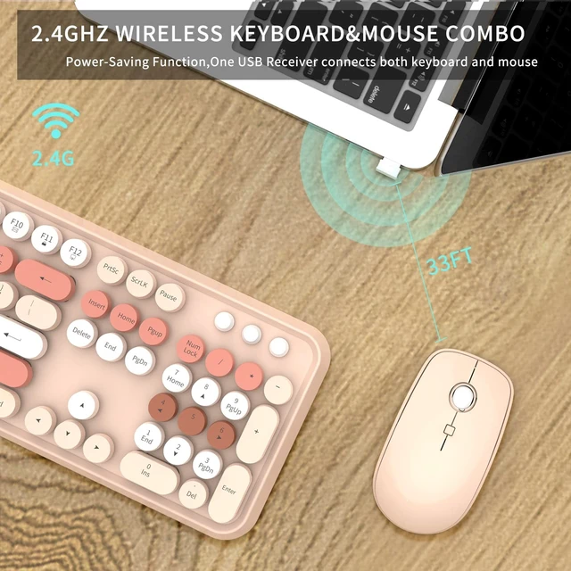 Alt view image 3 of 5 - FOPETT Wireless Keyboard and Mouse Combo - 2.4G Full-Sized Cute Colorful Mouse and Keyboard with 104 Round Keys Retro Typewriter Keyboard for Laptop/Windows/PC - Brown Colorful