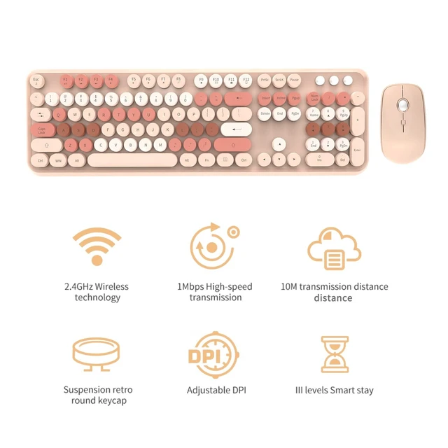 Alt view image 4 of 5 - FOPETT Wireless Keyboard and Mouse Combo - 2.4G Full-Sized Cute Colorful Mouse and Keyboard with 104 Round Keys Retro Typewriter Keyboard for Laptop/Windows/PC - Brown Colorful