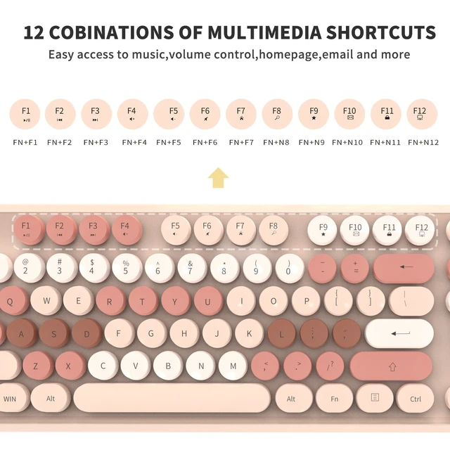 Alt view image 2 of 5 - FOPETT Wireless Keyboard and Mouse Combo - 2.4G Full-Sized Cute Colorful Mouse and Keyboard with 104 Round Keys Retro Typewriter Keyboard for Laptop/Windows/PC - Brown Colorful