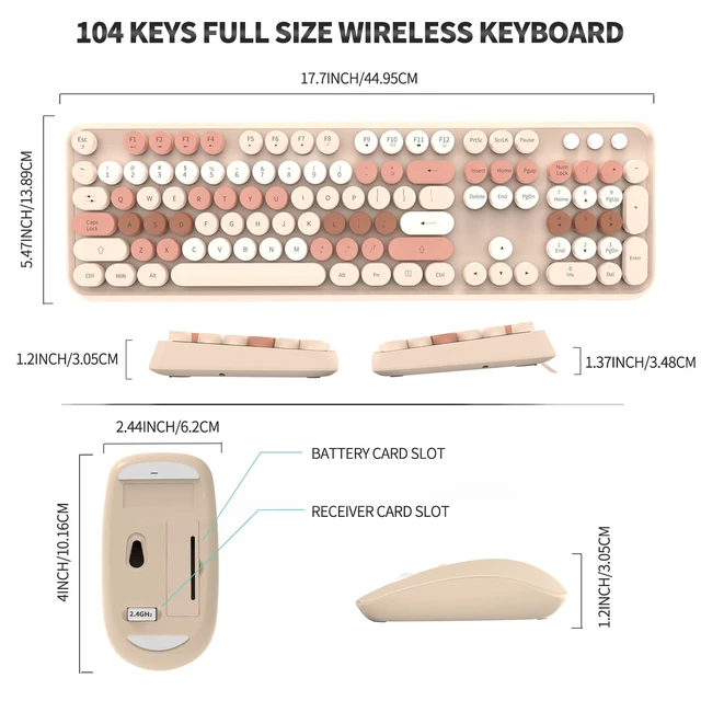 Alt view image 5 of 5 - FOPETT Wireless Keyboard and Mouse Combo - 2.4G Full-Sized Cute Colorful Mouse and Keyboard with 104 Round Keys Retro Typewriter Keyboard for Laptop/Windows/PC - Brown Colorful