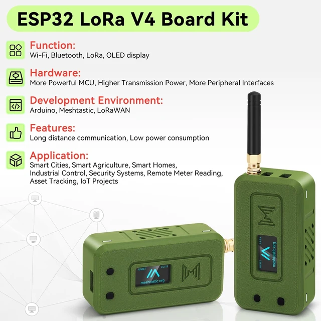 Alt view image 2 of 5 - Meshnology 2 Set ESP32 LoRa V4 Dev Board Kit +L76 GNSS Module +3000mAh Battery +Green Case, ESP32-S3 SX1262 LoRa WiFi Bluetooth 16MB Flash 915MHz Antenna Display Support GPS Solar A rduino Meshtastic
