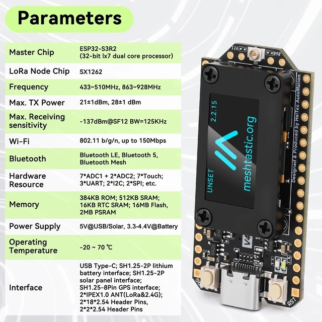 Alt view image 4 of 5 - Meshnology 2 Set ESP32 LoRa V4 Dev Board Kit +L76 GNSS Module +3000mAh Battery +Green Case, ESP32-S3 SX1262 LoRa WiFi Bluetooth 16MB Flash 915MHz Antenna Display Support GPS Solar A rduino Meshtastic