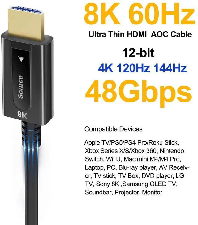 Alt view image 2 of 5 - YilianOptoe 8K Fiber Optic HDMI 2.1 Cable 50ft,Ultra High Speed Fiber Long HDMI Cord,48Gbps,8K@60Hz 4K@120Hz, eARC HDR10 Dolby Vision for PS4/PS5, Xbox X/S,HDTV, Home Theater Gaming