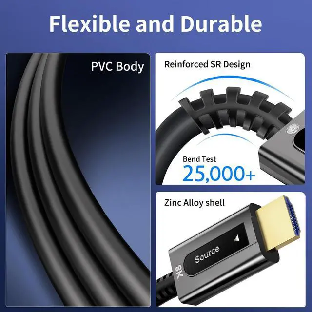 Alt view image 4 of 5 - YilianOptoe 8K Fiber Optic HDMI 2.1 Cable 50ft,Ultra High Speed Fiber Long HDMI Cord,48Gbps,8K@60Hz 4K@120Hz, eARC HDR10 Dolby Vision for PS4/PS5, Xbox X/S,HDTV, Home Theater Gaming