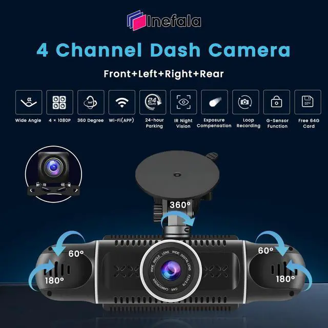 Alt view image 2 of 5 - Inefala 4 Channel Dash Cam, 360 Dash Camera FHD 1080Px4 Front and Rear Inside Left Right, Car Camera with Free 64GB Card - WiFi Loop Recording G-Sensor Night Vision Parking Surveillance Backup Assist