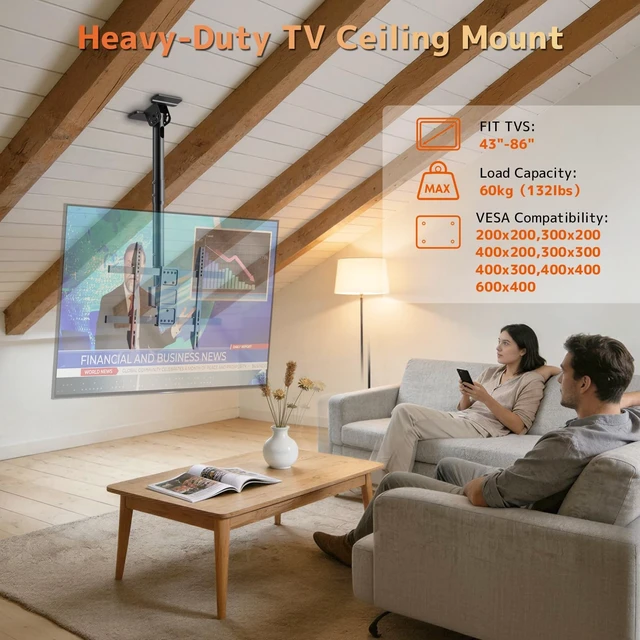 Alt view image 2 of 5 - PUTORSEN Ceiling TV Mount for 43-86 Inch, Adjustable Full Motion Bracket