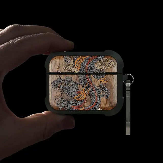Alt view image 2 of 5 - Walnut Solid Wood for AirPods Pro 3 Case (2025), Imperial Dragon