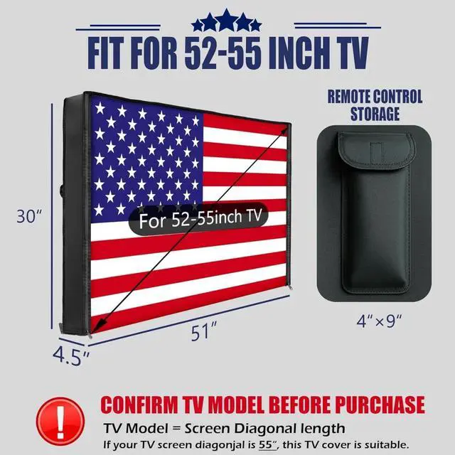 Alt view image 3 of 5 - IC ICLOVER Outdoor TV Cover 52-55 Inch, 600D Heavy Duty 4 Season Weatherproof TV Screen Protector with Waterproof Zipper & Remote Control Pocket, Outside Television Enclosure for LED, LCD TVs -US Flag