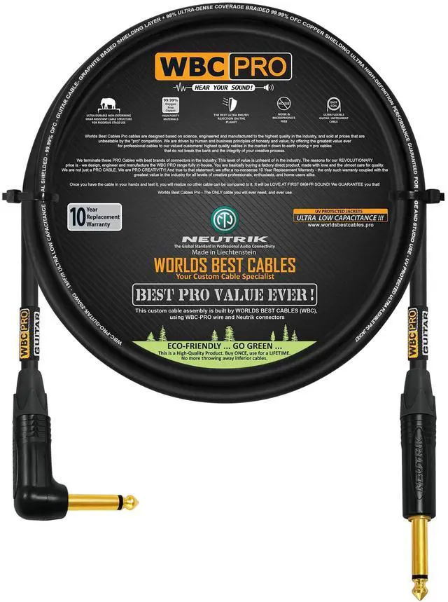 Main image of 2 Foot - WBC-PRO-Guitar 20 AWG - Low-Cap (18pF/ft) Pro-Grade Graphite-Based - Dual-Shielded Guitar, Bass, Instrument Cable with Neutrik Straight to Angled Inch (6.35mm) Gold TS Connectors