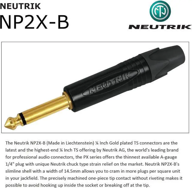 Alt view image 5 of 5 - 2 Foot - WBC-PRO-Guitar 20 AWG - Low-Cap (18pF/ft) Pro-Grade Graphite-Based - Dual-Shielded Guitar, Bass, Instrument Cable with Neutrik Straight to Angled Inch (6.35mm) Gold TS Connectors