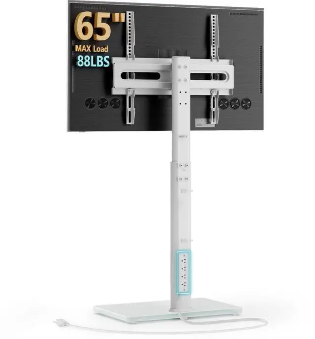 Main image of AX WABER Floor TV Stand with Power Outlet, Universal TV Stand Mount for 27-65 inch TV up to 88lbs, 70 Degree Swivel 9 Level Height Adjustable with Tempered Glass Base for Bedroom, Office White