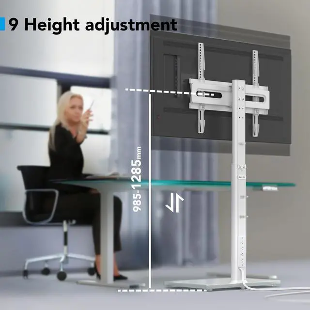 Alt view image 3 of 5 - AX WABER Floor TV Stand with Power Outlet, Universal TV Stand Mount for 27-65 inch TV up to 88lbs, 70 Degree Swivel 9 Level Height Adjustable with Tempered Glass Base for Bedroom, Office White