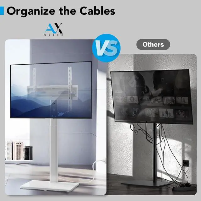 Alt view image 5 of 5 - AX WABER Floor TV Stand with Power Outlet, Universal TV Stand Mount for 27-65 inch TV up to 88lbs, 70 Degree Swivel 9 Level Height Adjustable with Tempered Glass Base for Bedroom, Office White