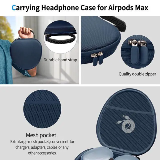 Alt view image 5 of 5 - Hard Case for AirPods Max 2 Supports Sleep Mode, Travel Carrying Headphone Case with AirPods Max 2/1 Clear Ear Cups Cover/Silicone Earpad Case/Headband Cover, Protective Portable Storage Bag, Blue