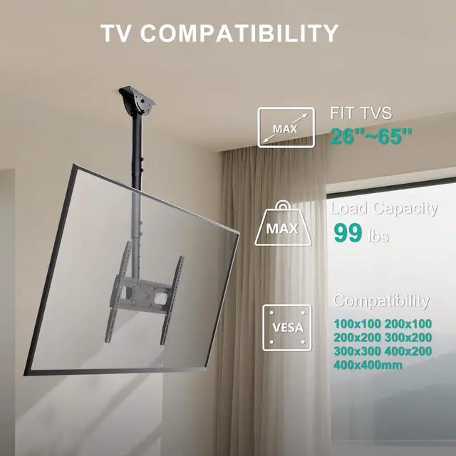 Alt view image 2 of 5 - WALI Ceiling TV Mount Long Arm, Full Motion Adjustable Bracket Fits Most LED, LCD TVs 26 to 65 inch, up to 99lbs, Height Extension up to 35.8 Inch, Mounting Holes up to 400x400mm (CM2665XL-P), Black