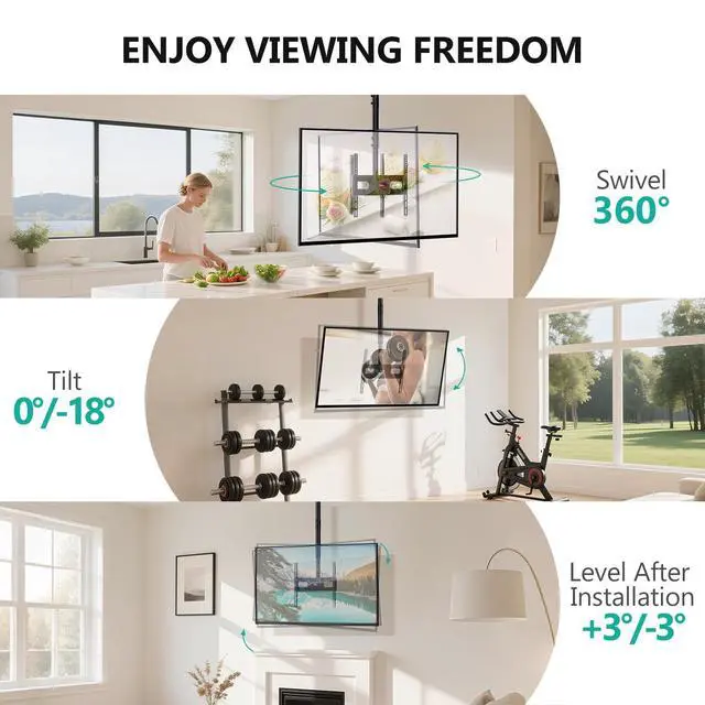 Alt view image 4 of 5 - WALI Ceiling TV Mount Long Arm, Full Motion Adjustable Bracket Fits Most LED, LCD TVs 26 to 65 inch, up to 99lbs, Height Extension up to 35.8 Inch, Mounting Holes up to 400x400mm (CM2665XL-P), Black