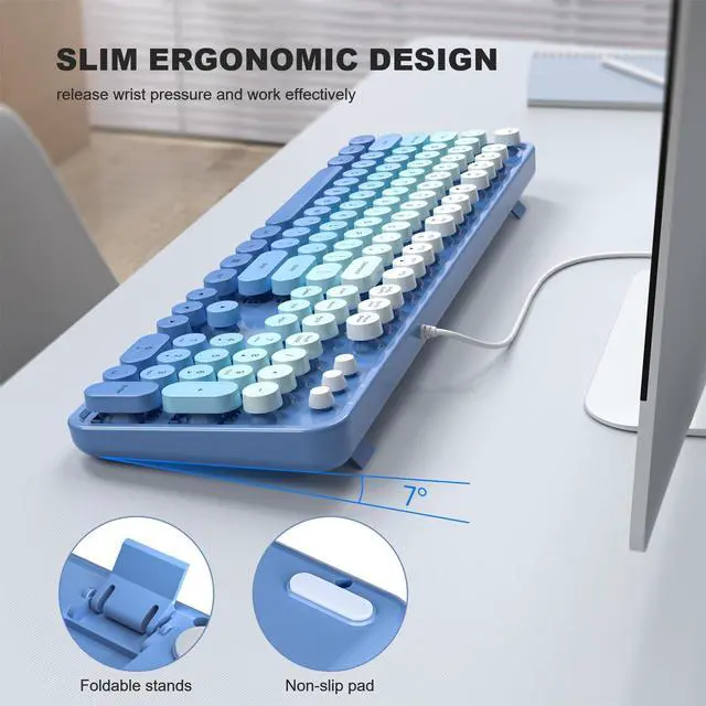 Alt view image 3 of 5 - SQMD Wired Retro Keyboard, 104 Keys Full-Sized Typewriter Keyboards, Office Keyboard with Number Pad, Foldable Stands for Windows, PC, Laptop, Desktop (Blue Gradient)
