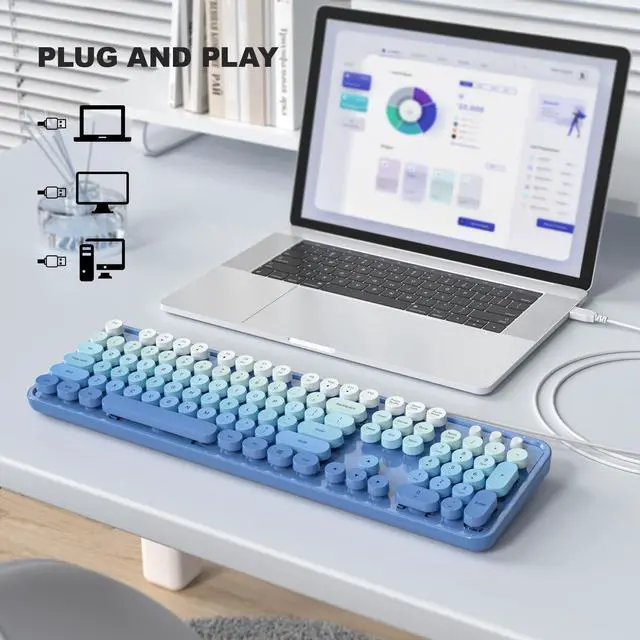 Alt view image 2 of 5 - SQMD Wired Retro Keyboard, 104 Keys Full-Sized Typewriter Keyboards, Office Keyboard with Number Pad, Foldable Stands for Windows, PC, Laptop, Desktop (Blue Gradient)