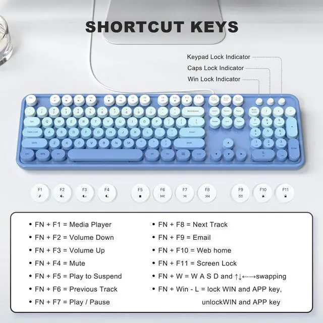 Alt view image 5 of 5 - SQMD Wired Retro Keyboard, 104 Keys Full-Sized Typewriter Keyboards, Office Keyboard with Number Pad, Foldable Stands for Windows, PC, Laptop, Desktop (Blue Gradient)