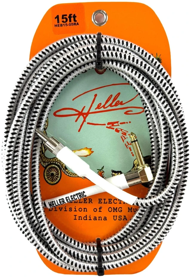 Main image of Heller Electric Braid-Matrix Guitar Cable, 15ft, Silver & Black Tweed, Straight-to-Right-Angle 1/4" Plugs, 20AWG OFC, 99% Shielded
