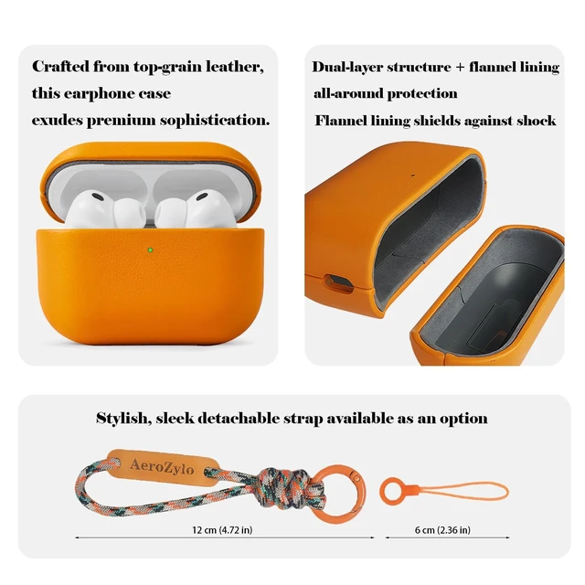 Alt view image 2 of 5 - AeroZylo for AirPods Pro 3 (2025) 100% Genuine Leather Case,Full-Grain Leather Cover Case,Handmade Top,Shockproof Protective,Wireless Charging,for AirPods Pro 3rd Gen (Orang