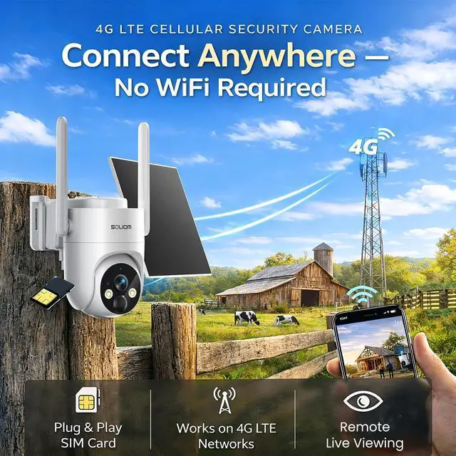 Alt view image 2 of 5 - SOLIOM 4G LTE Cellular Security Camera, No WiFi Security Camera for Remote Areas, Solar Powered Wireless Outdoor Camera, 2K Color Night Vision, 360 Pan & Tilt, PIR Motion Detection, Off-Grid S9