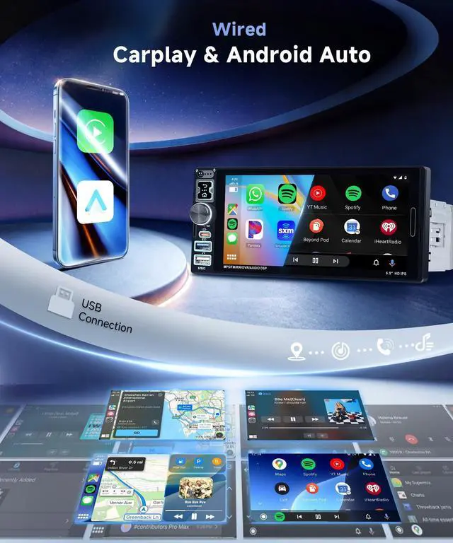 Alt view image 2 of 5 - Single Din Car Stereo with A-pple Carplay Android Auto, 6.9" IPS Touch Screen Car Radio 1 Din with Rear View CameraHead Unit Support Mirror Link Bluetooth FM USB EQ SWC