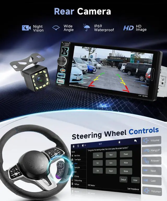 Alt view image 5 of 5 - Single Din Car Stereo with A-pple Carplay Android Auto, 6.9" IPS Touch Screen Car Radio 1 Din with Rear View CameraHead Unit Support Mirror Link Bluetooth FM USB EQ SWC