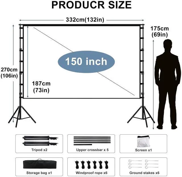 Alt view image 4 of 5 - lejiada Giant 150 inch Portable Projector Screen with Dual Stand, 4K HD Front/Rear Projection Movie Screen for Backyard Theaters and Camping, Foldable Anti-Crease Fabric with Carry Bag
