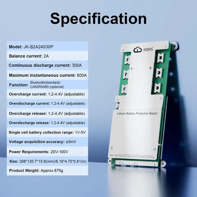 Alt view image 2 of 5 - JKBMS Smart BMS 8S-24S 24V-72V 300A 2A Active Balance Built-in Bluetooth with RS485 PCB Battery Protection Board for Li-ion LiFePO4 LTO (JK-B2A24S30P)