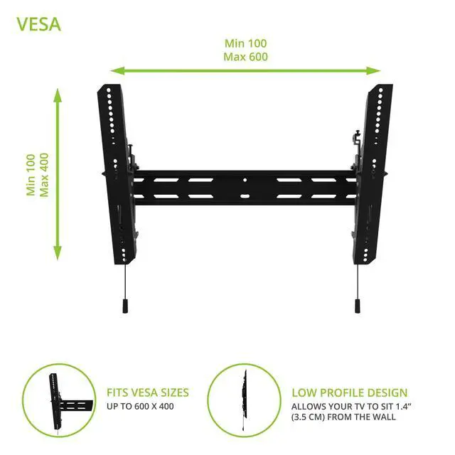 Alt view image 2 of 5 - Kanto PT300 Low Profile Tilting TV Mount for Most 40"-100" TVs - Supports TVs up to 150lbs - Sits 1.4 from the wall - Accommodates up to 24 Stud spacing - Max VESA 600x400