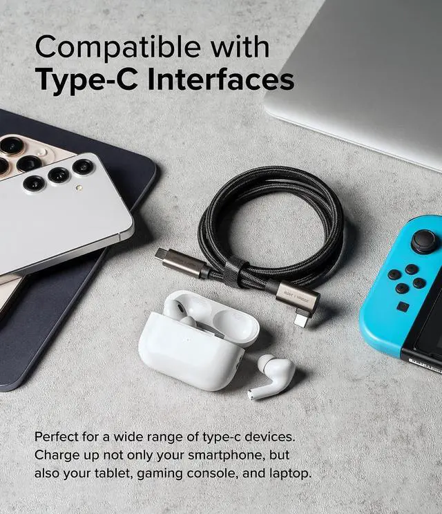 Alt view image 5 of 5 - Ringke USB C to USB C Cable, USB 3.2 Gen 2x2 USB-C 90 Degree Cord, 20Gbps Data Transfer Speed, High-Density Braided Nylon (1M / 3.28 FT) - Black