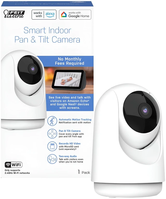 Main image of Feit Electric Indoor Security Camera with Motion Detection, 30ft. Night Vision, Pan and Tilt Head, 2.4GHz WiFi, 2-Way Audio, 1080p HD, Works with Alexa & Google Asst, Plug-in, White, CAM/PAN/WiFi/G2