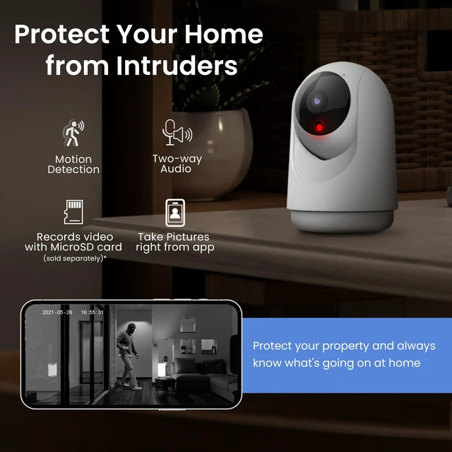 Alt view image 3 of 5 - Feit Electric Indoor Security Camera with Motion Detection, 30ft. Night Vision, Pan and Tilt Head, 2.4GHz WiFi, 2-Way Audio, 1080p HD, Works with Alexa & Google Asst, Plug-in, White, CAM/PAN/WiFi/G2