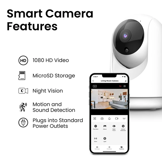 Alt view image 5 of 5 - Feit Electric Indoor Security Camera with Motion Detection, 30ft. Night Vision, Pan and Tilt Head, 2.4GHz WiFi, 2-Way Audio, 1080p HD, Works with Alexa & Google Asst, Plug-in, White, CAM/PAN/WiFi/G2