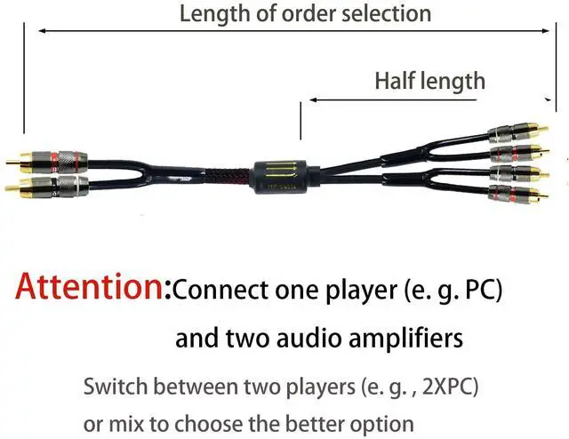 Alt view image 4 of 5 - Arklove 25ft Shielded RCA Plug Splitter Stereo Audio Video Cable 2 Male to 4 Male Dual Speaker Y Adapter Connector Extension Cord 24k Gold Plated 1 Input 2 Output
