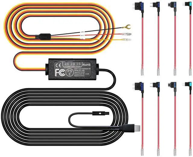 Main image of Pelsee Dash Cam Hardwire Kit, Full Set Hard Wire Kit Fuse for P1 Pro, S3 Touch, P1DUO Dash Cam, 12V-24V to 5V Car Dash Camera Charger Power Cord, 4 Fuse Cable and Installation Tool