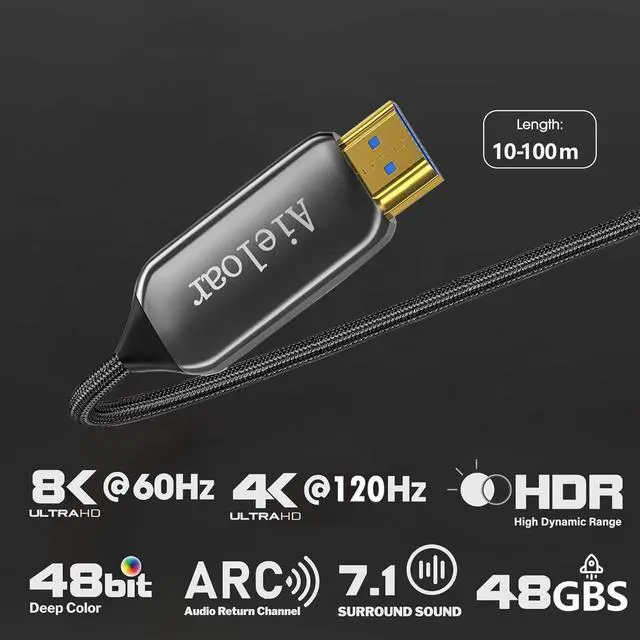 Alt view image 2 of 5 - Aieloar Fiber Optic HDMI 2.1 Cable 65ft, 8K HDMI Cable 60Hz Support with Ultra High Speed 48Gbps,4K@120Hz,Dynamic HDR10,eARC,HDCP2.2