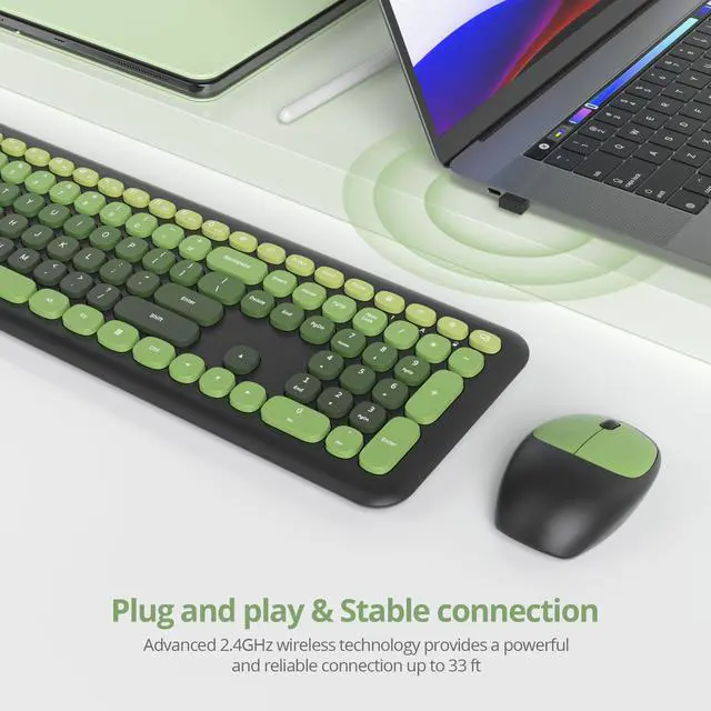 Alt view image 2 of 5 - Vumilstek Black Green Quiet Keyboard and Mouse Wireless, Retro Typewriter 104-Key Fullsize Keyboard Round Keys for Home Office Dorms PC/Laptop/Desktop(Dark Green)