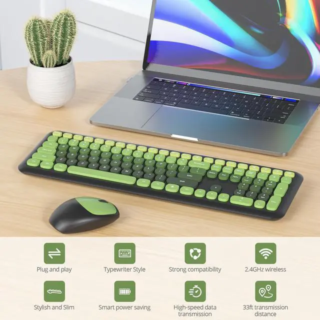 Alt view image 3 of 5 - Vumilstek Black Green Quiet Keyboard and Mouse Wireless, Retro Typewriter 104-Key Fullsize Keyboard Round Keys for Home Office Dorms PC/Laptop/Desktop(Dark Green)