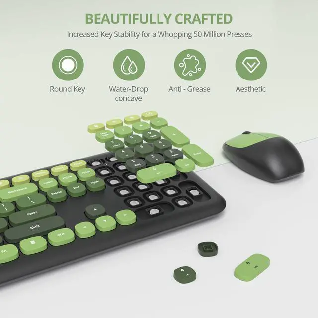 Alt view image 4 of 5 - Vumilstek Black Green Quiet Keyboard and Mouse Wireless, Retro Typewriter 104-Key Fullsize Keyboard Round Keys for Home Office Dorms PC/Laptop/Desktop(Dark Green)