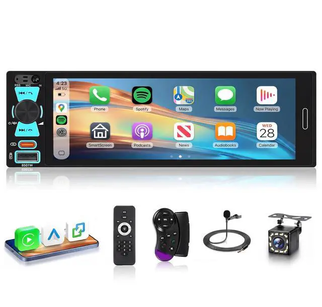Main image of Driauto Single DIN Touch Screen Car Stereo with Wireless Carplay and Android Auto, 6.5 Inch Incell Screen Car Radio with Bluetooth 5.2 Mirror Link FM/AM/RDS EQ Steering Wheel Control USB+ Backu