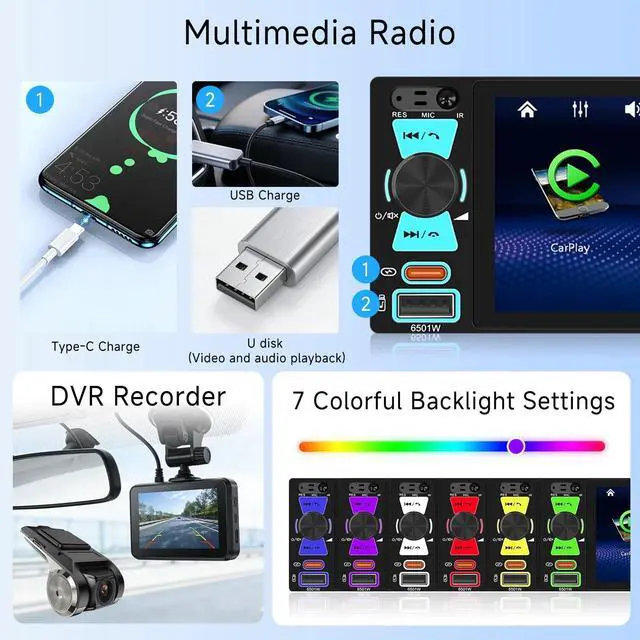 Alt view image 5 of 5 - Driauto Single DIN Touch Screen Car Stereo with Wireless Carplay and Android Auto, 6.5 Inch Incell Screen Car Radio with Bluetooth 5.2 Mirror Link FM/AM/RDS EQ Steering Wheel Control USB+ Backu