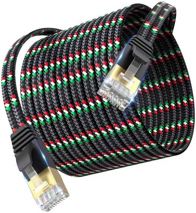 Main image of SNANSHI Cat 7 Ethernet Cable 100 ft - Flat Nylon Braided Desig, Easy Installation and Durability 10Gbps, Shielding Internet Cable with Gold-Plated RJ45 Connectors for Home, Office & Gaming
