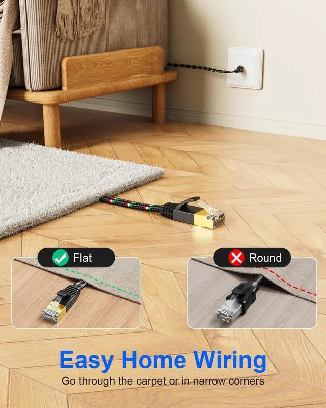 Alt view image 2 of 5 - SNANSHI Cat 7 Ethernet Cable 100 ft - Flat Nylon Braided Desig, Easy Installation and Durability 10Gbps, Shielding Internet Cable with Gold-Plated RJ45 Connectors for Home, Office & Gaming