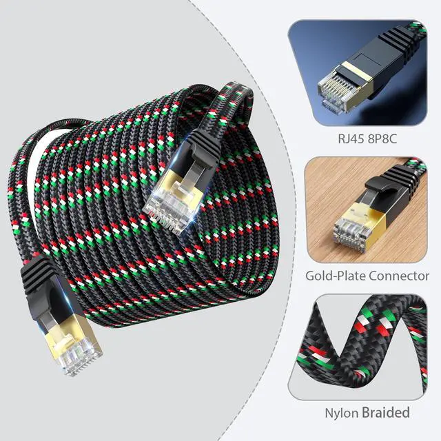Alt view image 5 of 5 - SNANSHI Cat 7 Ethernet Cable 100 ft - Flat Nylon Braided Desig, Easy Installation and Durability 10Gbps, Shielding Internet Cable with Gold-Plated RJ45 Connectors for Home, Office & Gaming