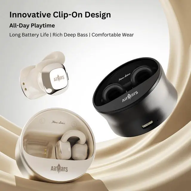 Alt view image 5 of 5 - AIRMARS Open Ear Earbuds, Bluetooth 5.4, 25Hr Battery Life, Clip-On Design, 360 Sound, Compatible with iPhone Android (Champagne Gold)