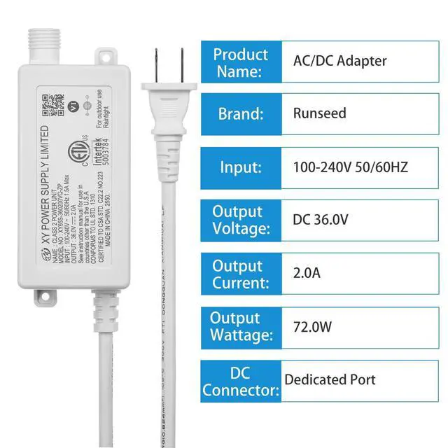 Alt view image 2 of 5 - 36V 2A Power Adapter AC Adapter XY65S-360200VQ-ZP for eufy Permanent Outdoor Lights E22